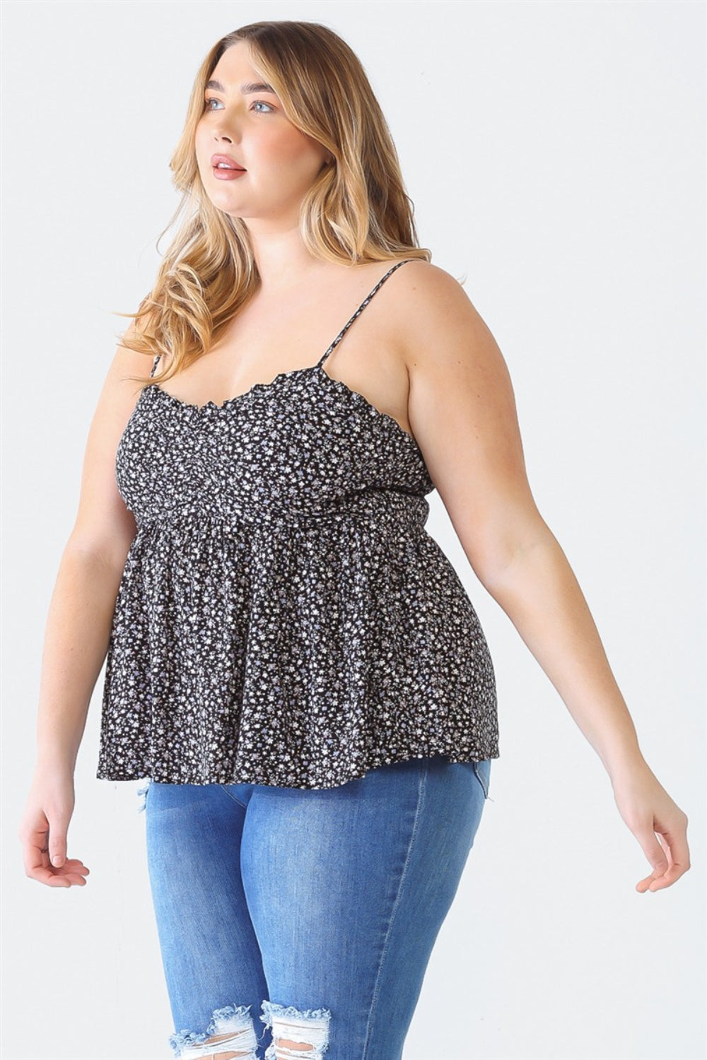 Plus Size Frill Smocked Floral Sweetheart Neck Cami