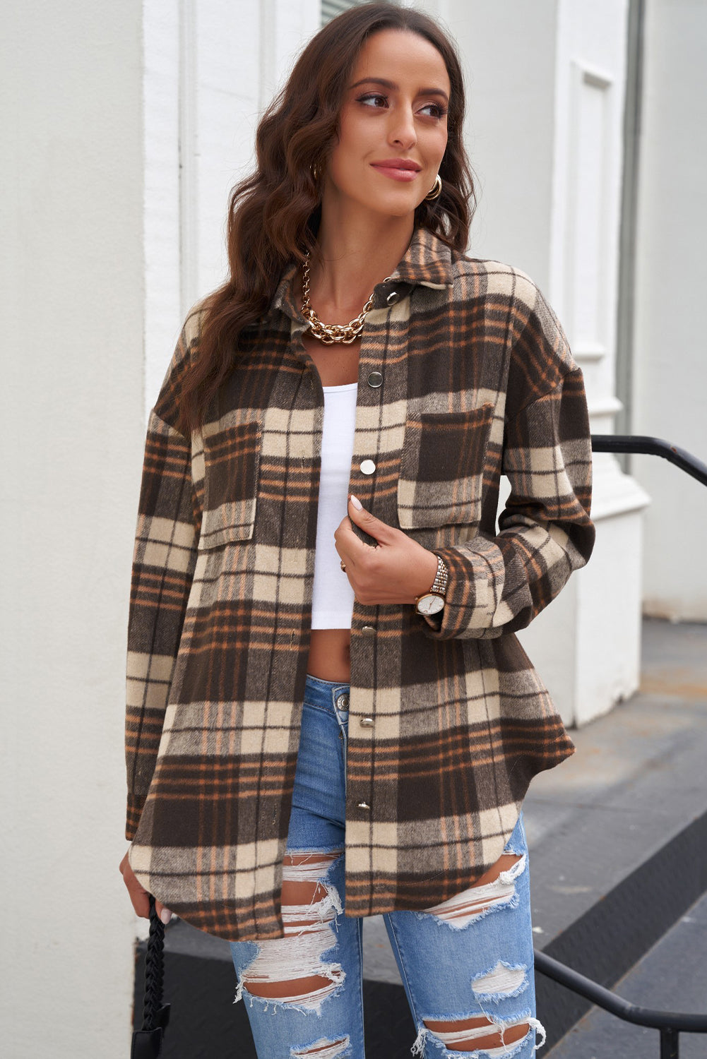 Plaid Curved Hem Dropped Shoulder Longline Shirt Shacket