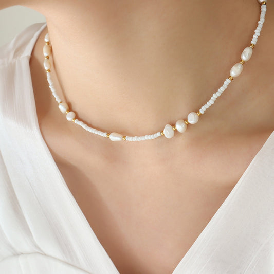 Gold-plated Titanium Steel Glass Bead Freshwater Pearl Necklace