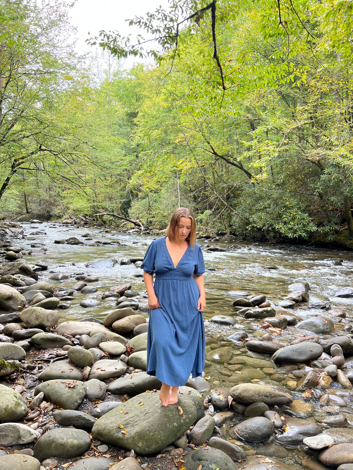 Maxi Dress V Neck Puff Sleeve Flowy Linen Like Dress