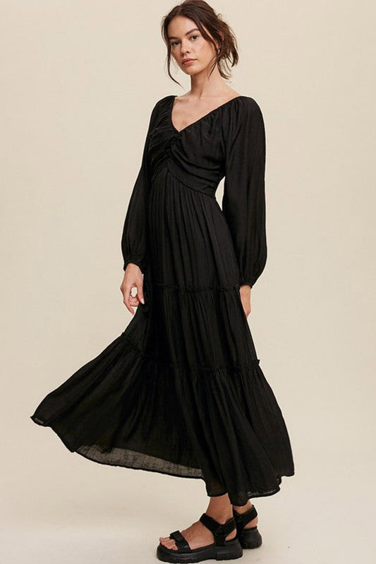 Black V Neck Bowknot Cutout Frill Tiered Maxi Long Sleeve Dress