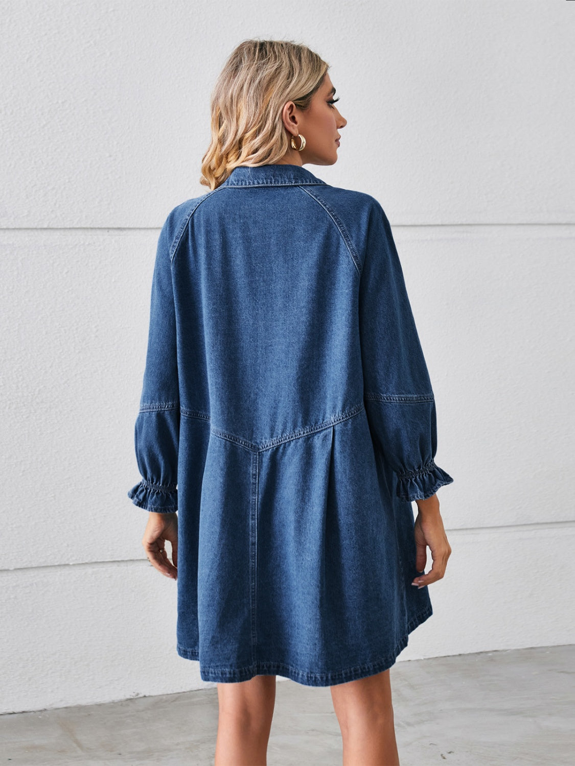 Button Up Flounce Sleeve Mini Denim Long Sleeve Dress