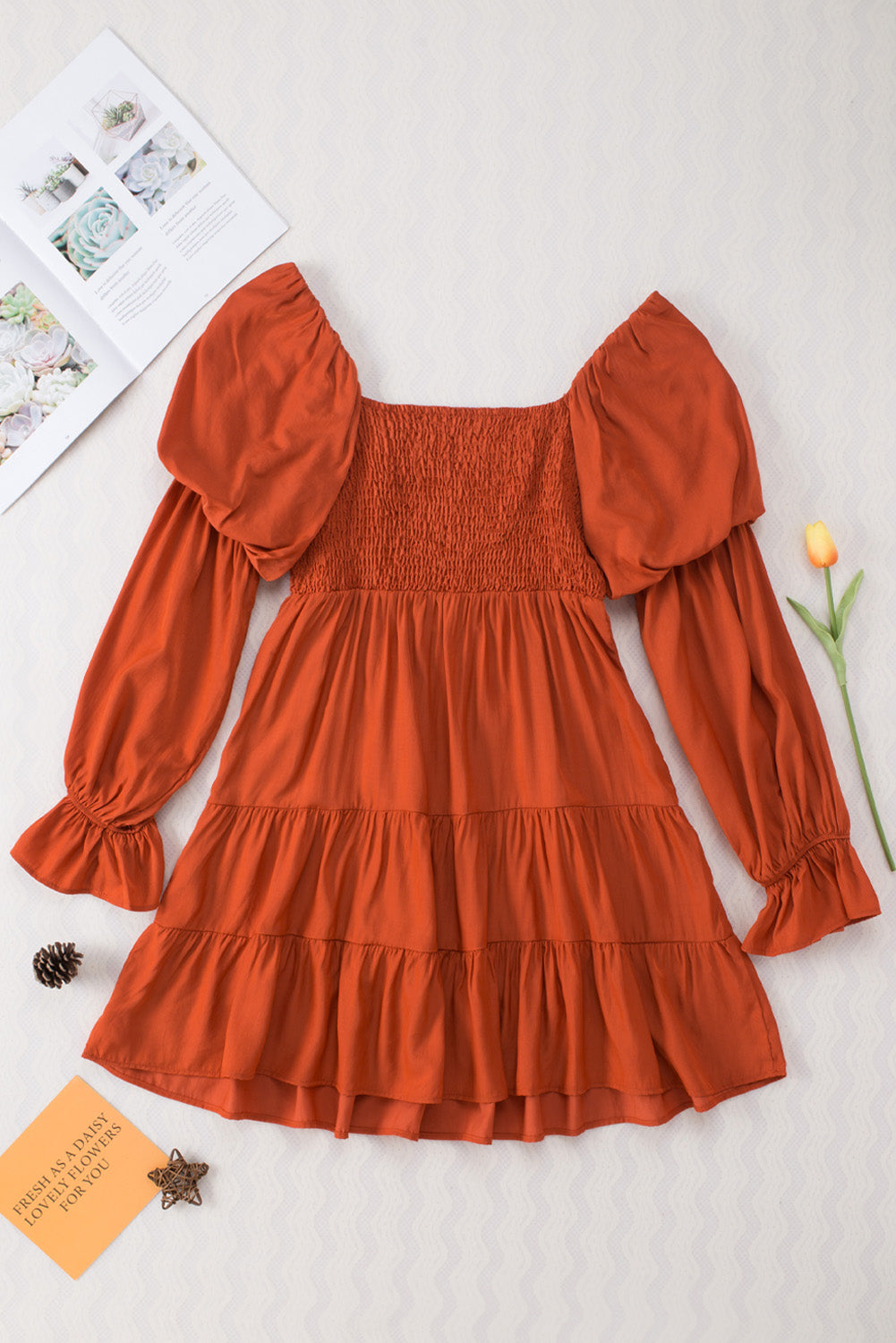 Brown Long Sleeve Off Shoulder Ruffle Mini Dress