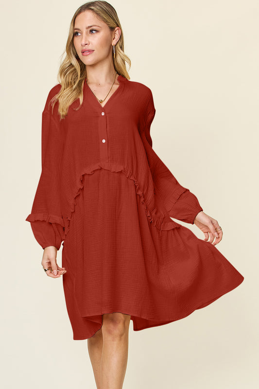 Double Take Full Size Texture Half Button Ruffle Trim Long Sleeve Dress