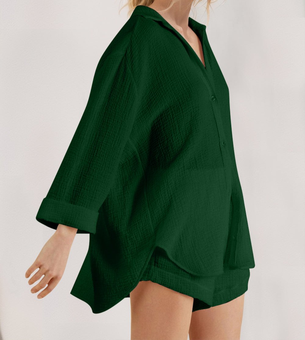 Breathable Button Down Long Sleeve Top and Shorts Set