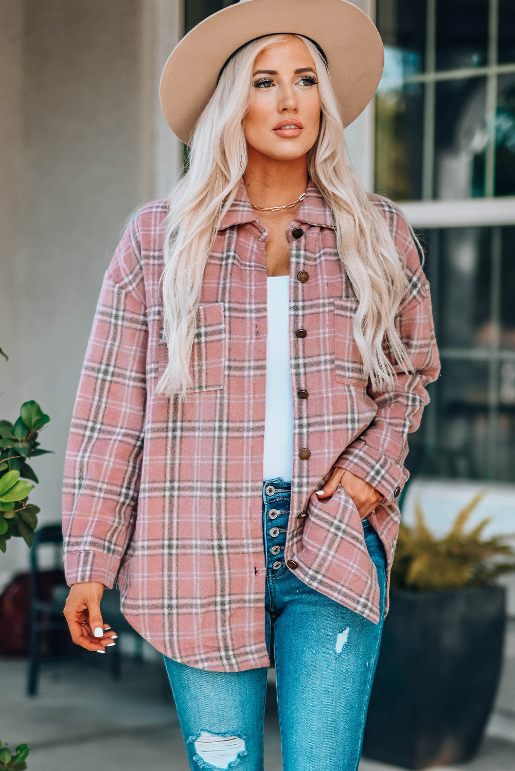 Plaid Curved Hem Dropped Shoulder Longline Shirt Shacket