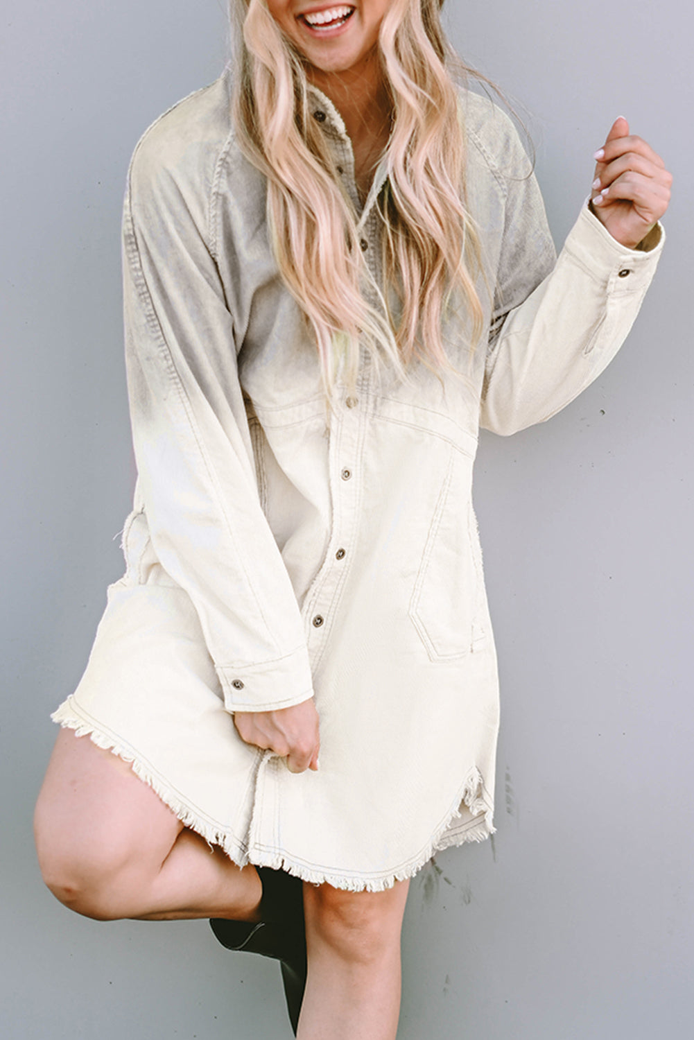 Gray Gradient Long Sleeve Button Up Raw Hem Denim Dress Shacket