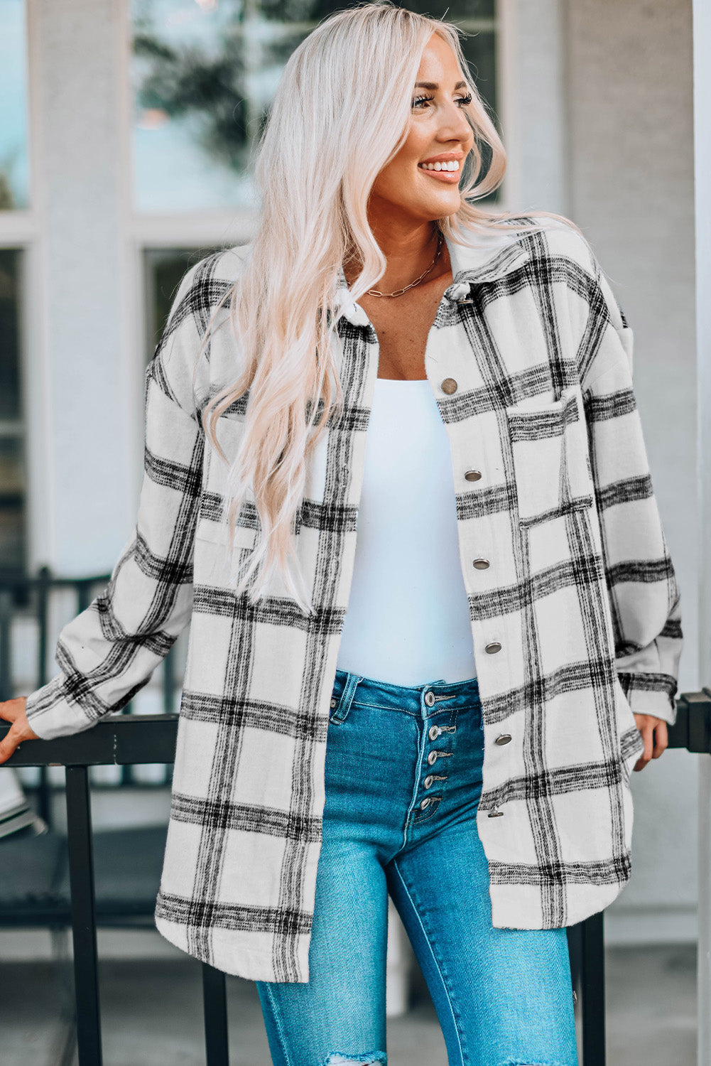 Plaid Curved Hem Dropped Shoulder Longline Shirt Shacket