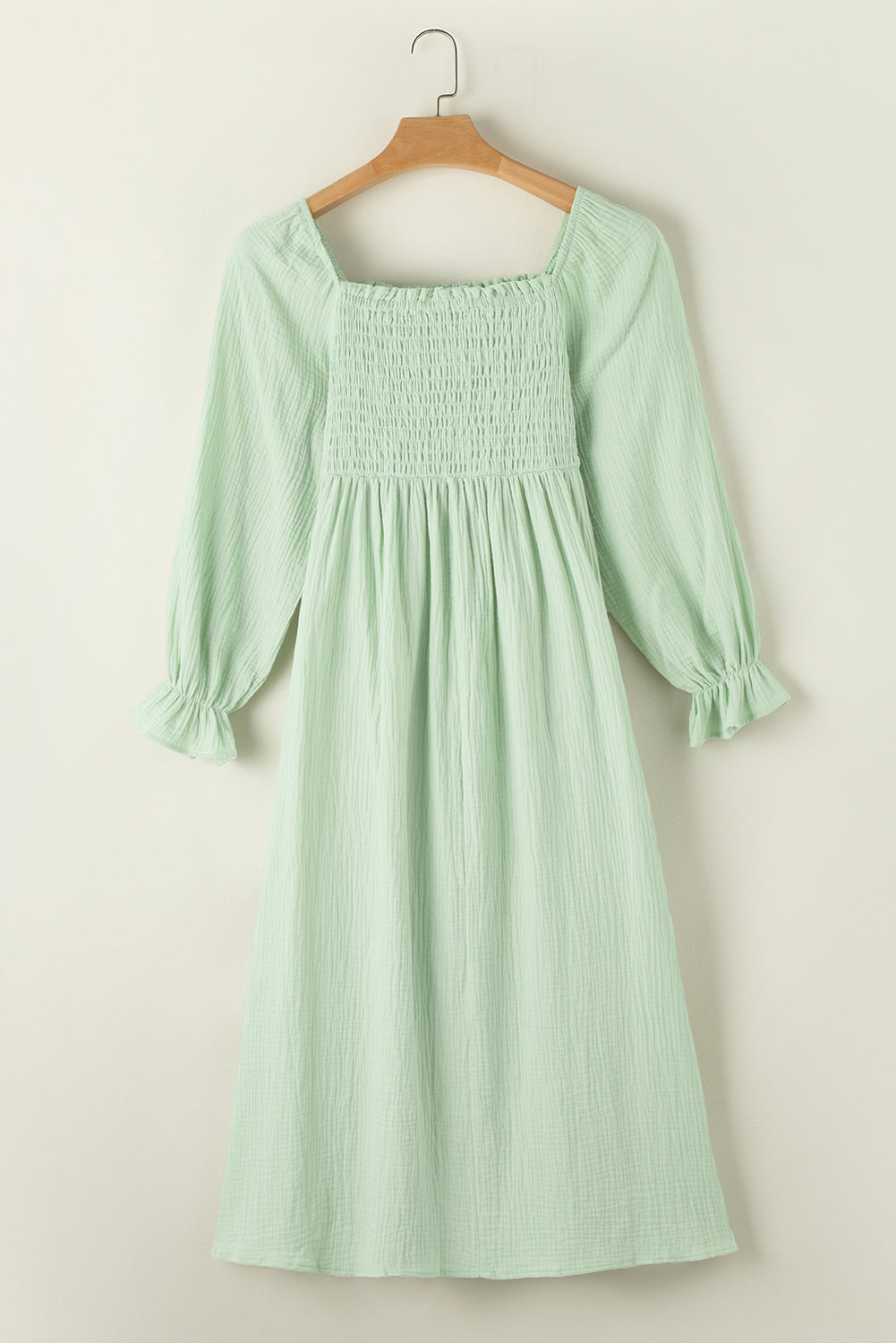 Green Smoked Flounce Long Sleeve Textured Empire Waist Maxi Dress