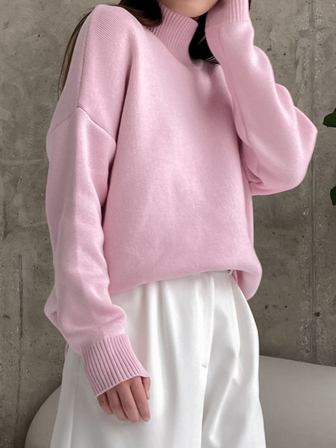 Mock Neck Dropped Shoulder Sweater ONE SIZE