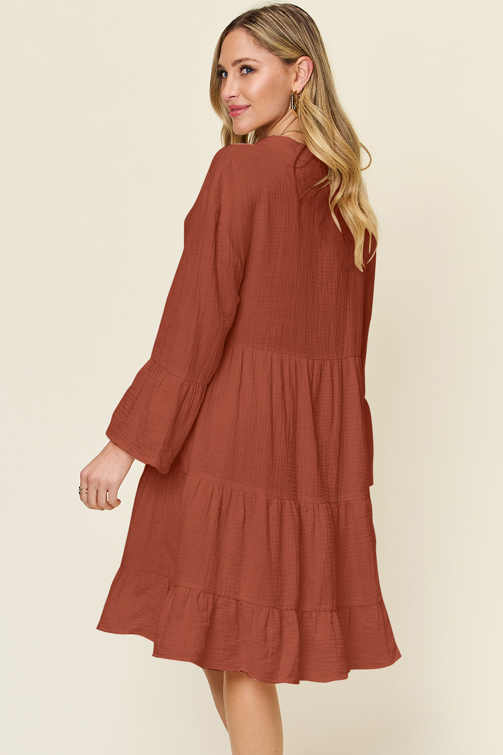 Texture Button Up Ruffle Hem Long Sleeve Dress