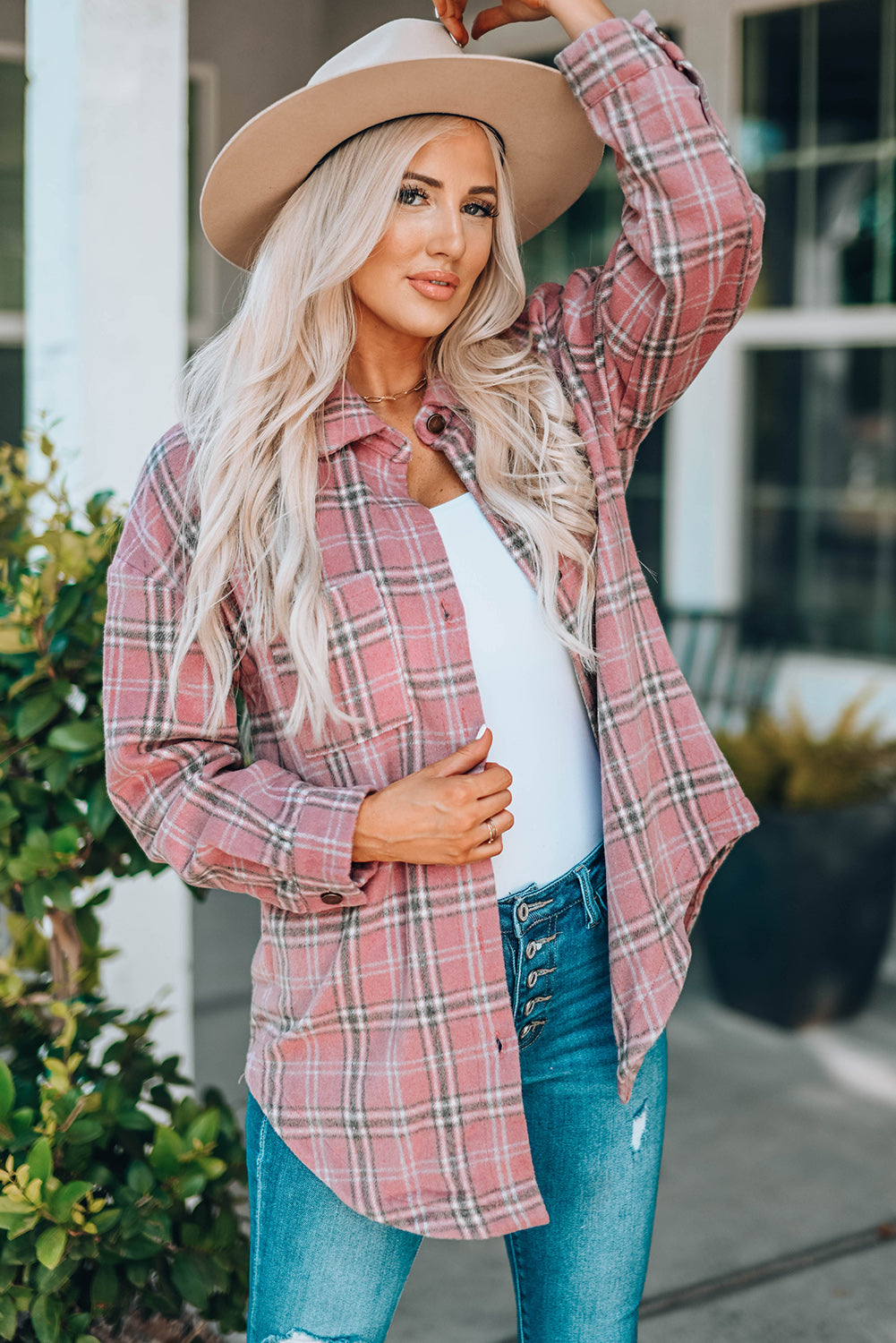 Plaid Curved Hem Dropped Shoulder Longline Shirt Shacket