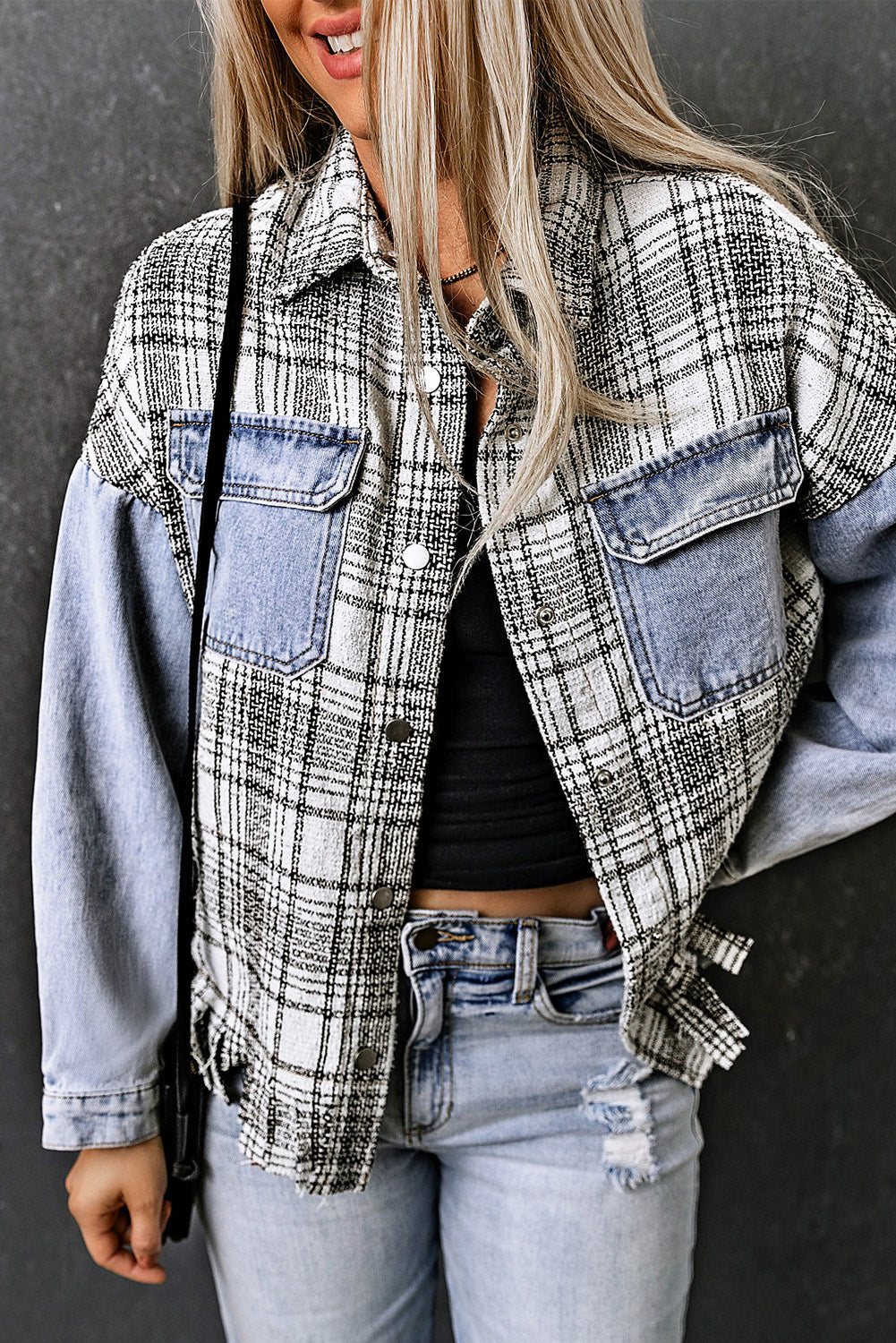 Plaid Pocketed Snap Down Denim Shacket