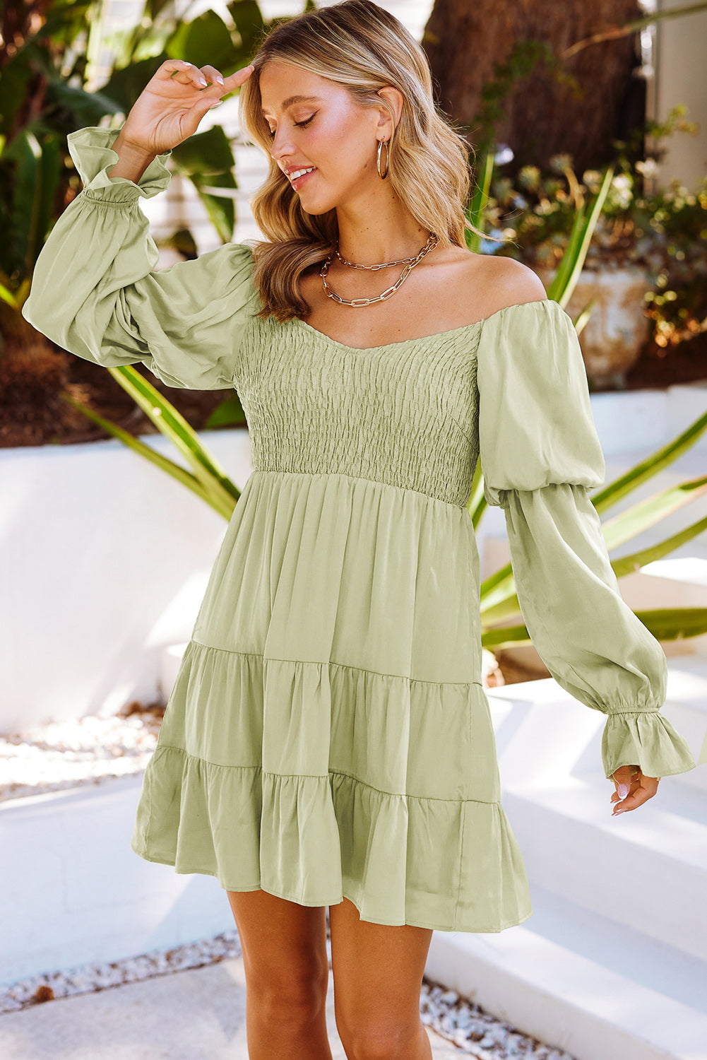 Green Long Sleeve Off Shoulder Ruffle Mini Dress