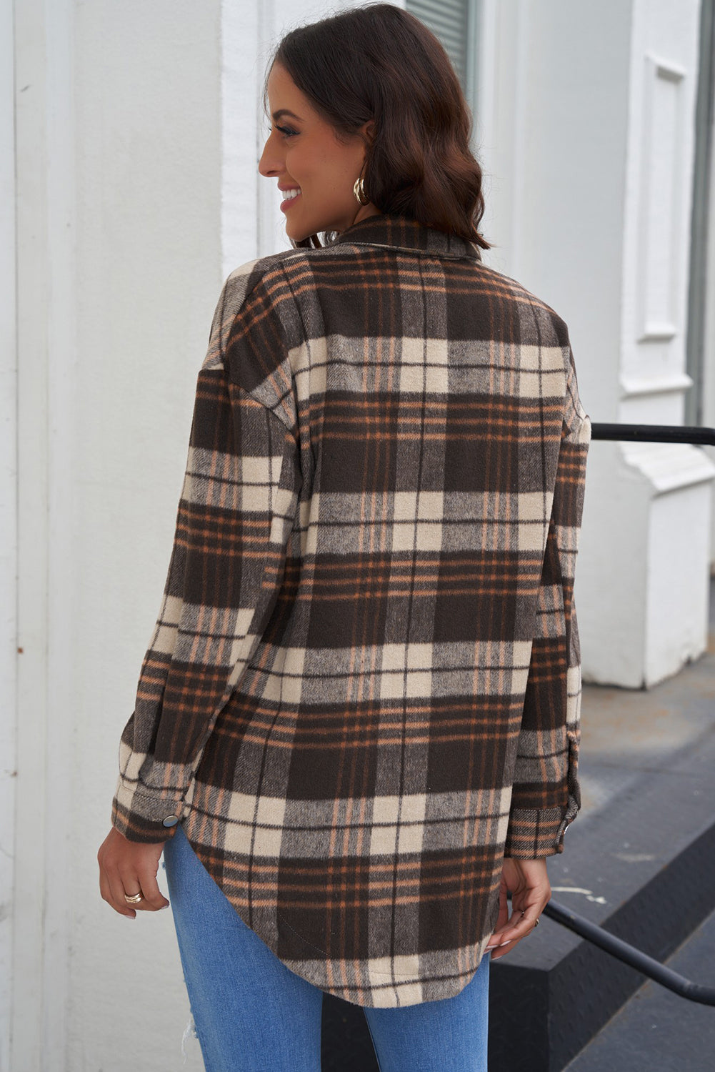 Plaid Curved Hem Dropped Shoulder Longline Shirt Shacket