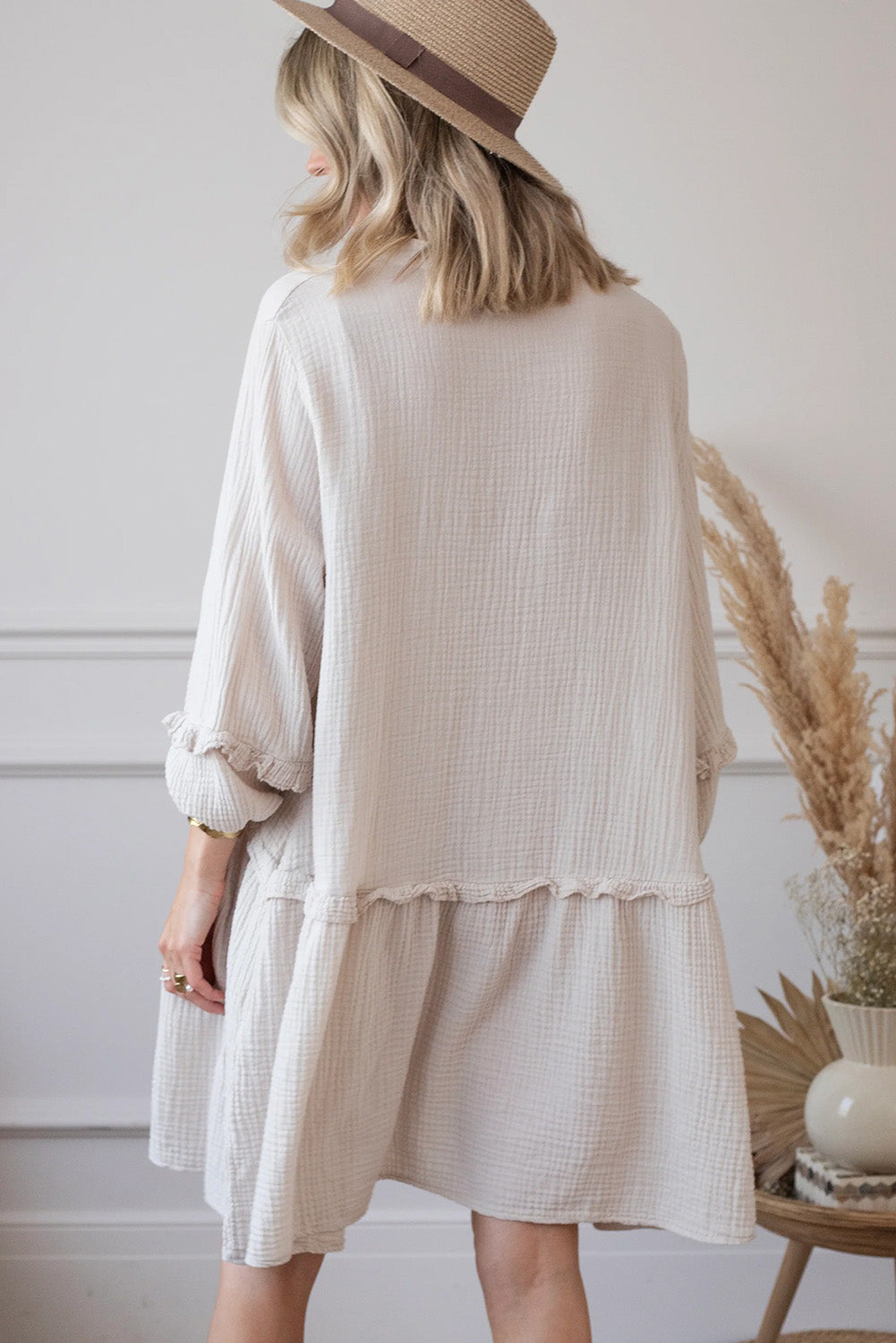 Apricot Frill Trim Half Buttoned Textured Long Sleeve Dress