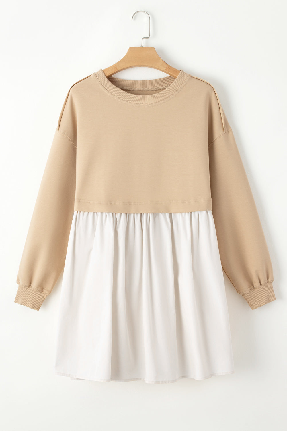 Pale Khaki Sweatshirt Poplin Mini Long Sleeve Dress