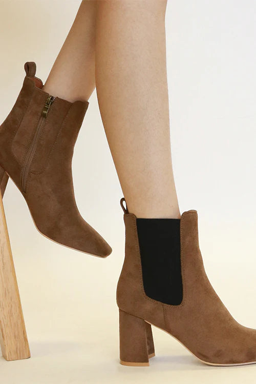 Suede Block Heel Chelsea Boots with Elastic Side Panel