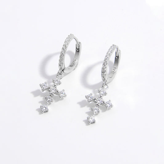 Sterling Silver Inlaid Zircon Cross Dangle Earrings