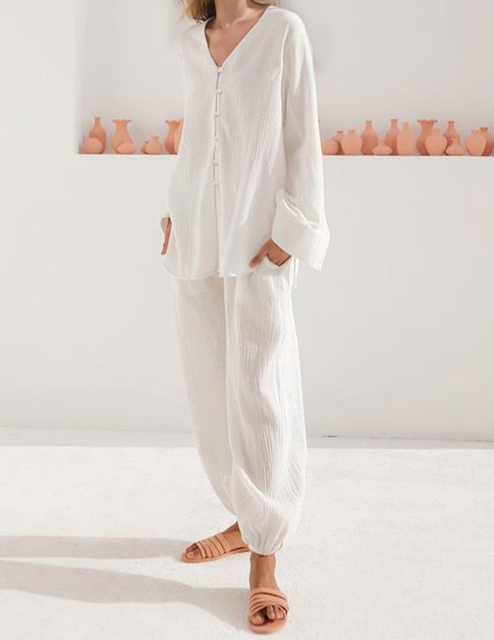 Buttery-Soft V-Neck Long Sleeve Top and Pants Set