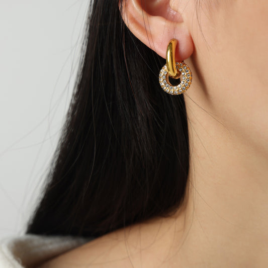 Gold-plated Titanium Steel Inlaid Zircon Double-Hoop Earrings