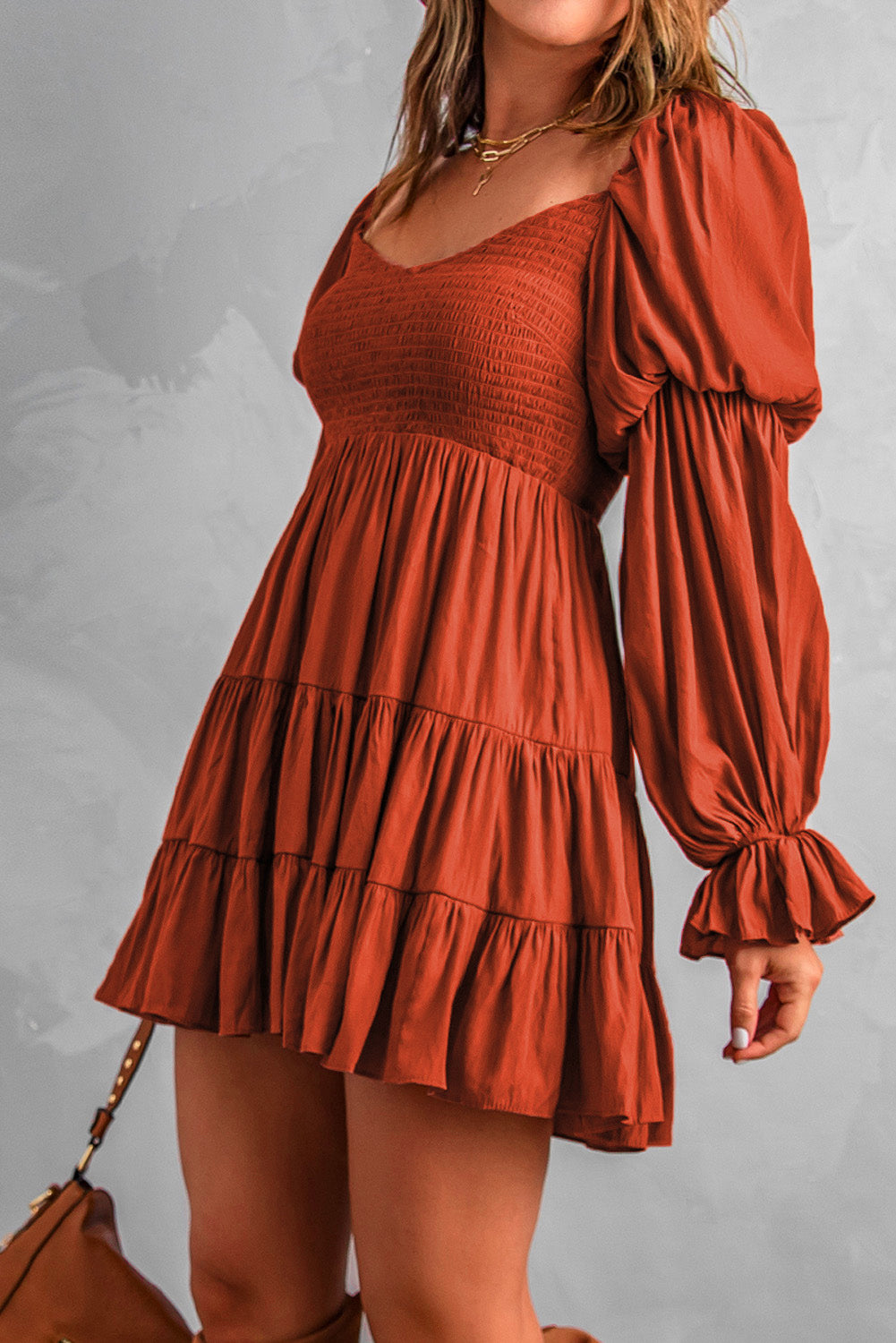 Brown Long Sleeve Off Shoulder Ruffle Mini Dress