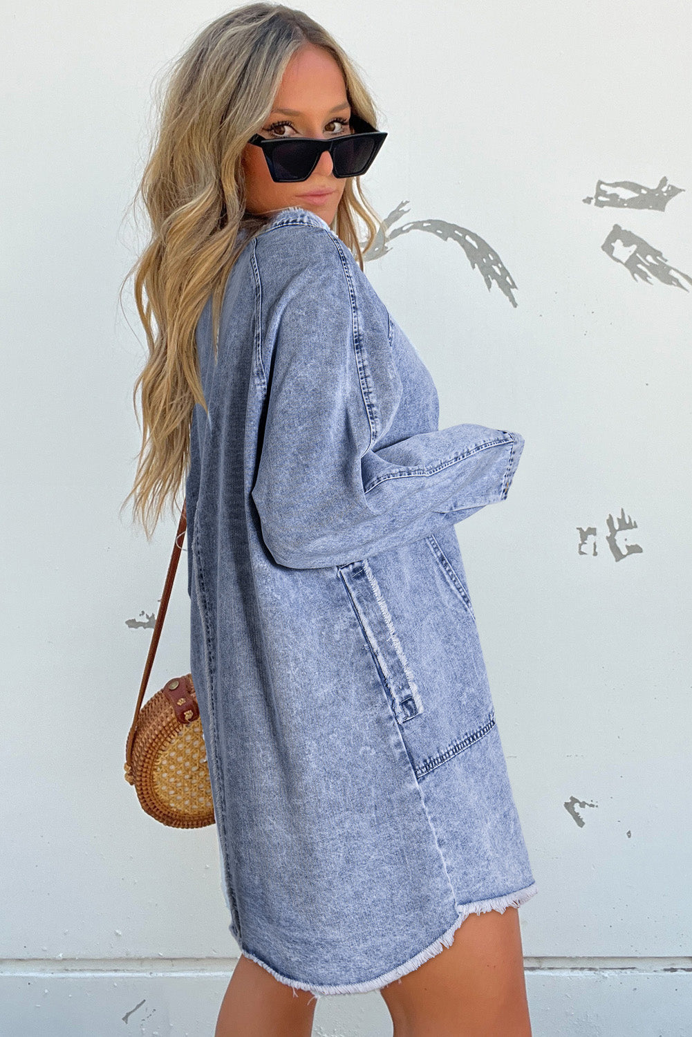 Blue Mineral Wash Long Sleeve Button Up Raw Hem Pocketed Denim Dress