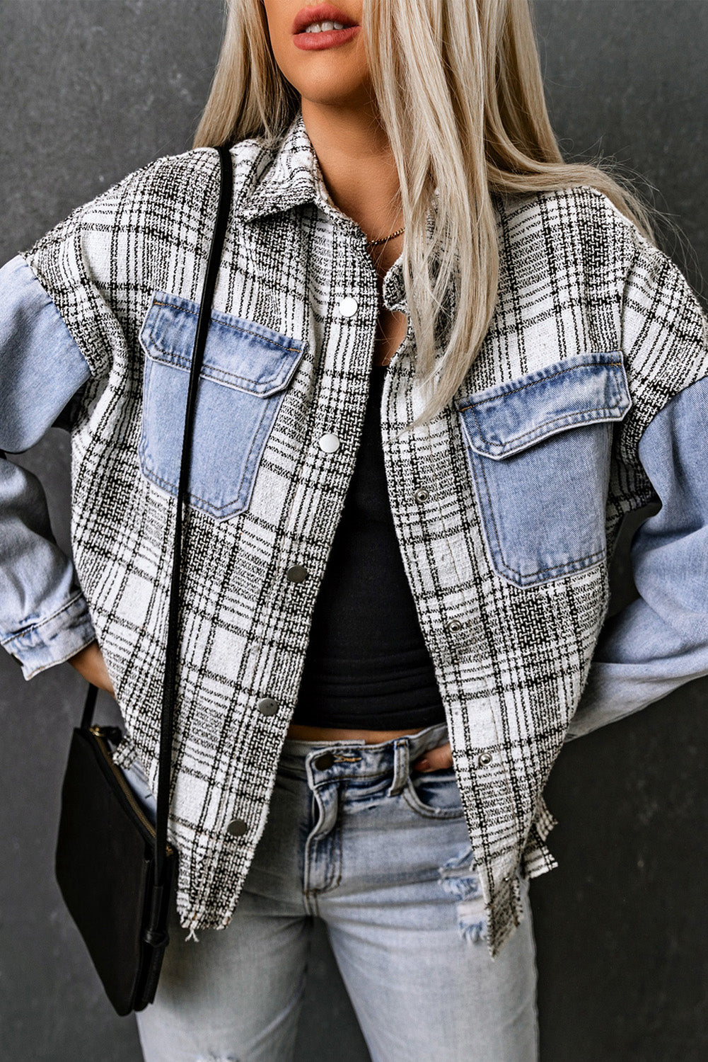 Plaid Pocketed Snap Down Denim Shacket