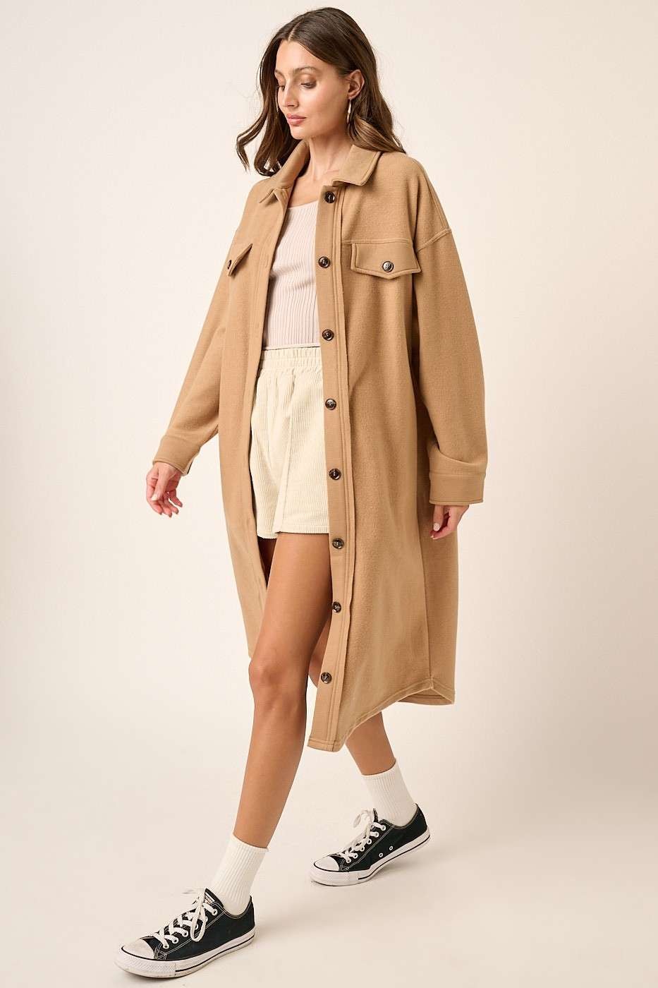 Button Up Drop Shoulder French Terry Longline Jacket