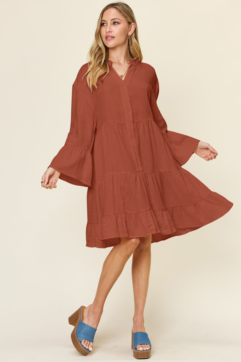 Texture Button Up Ruffle Hem Long Sleeve Dress