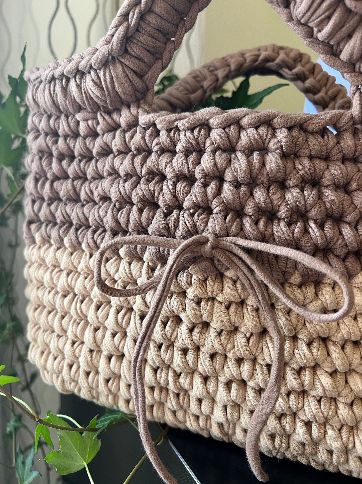 Tan and cream handmade crochet tote clutch bag with bow strap detail