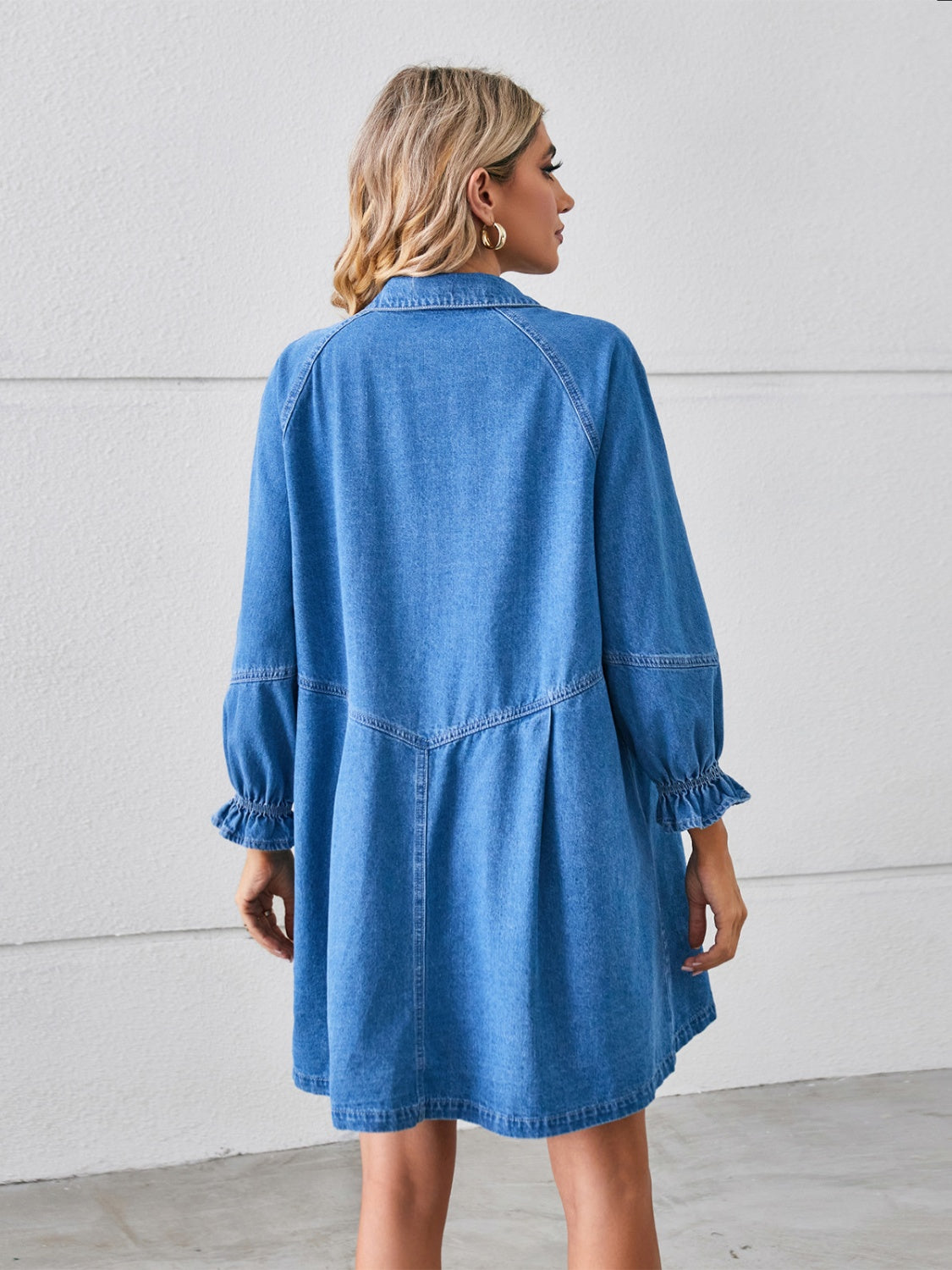 Button Up Flounce Sleeve Mini Denim Long Sleeve Dress