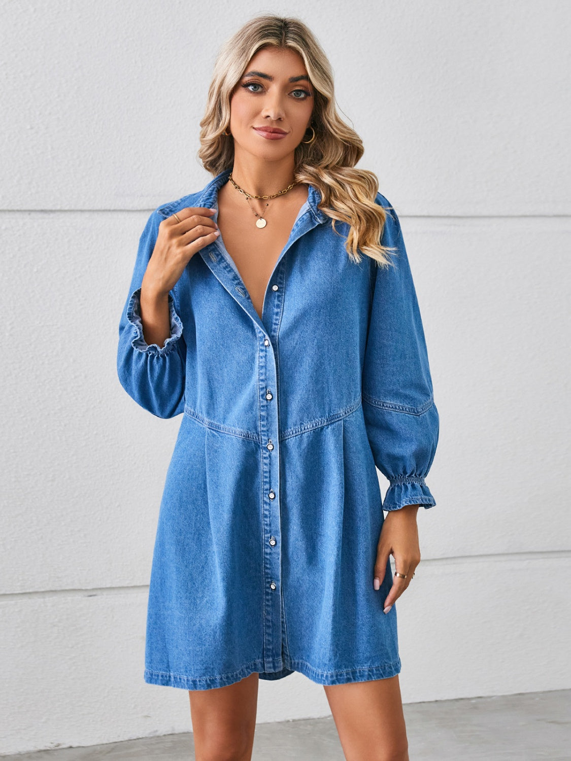 Button Up Flounce Sleeve Mini Denim Long Sleeve Dress