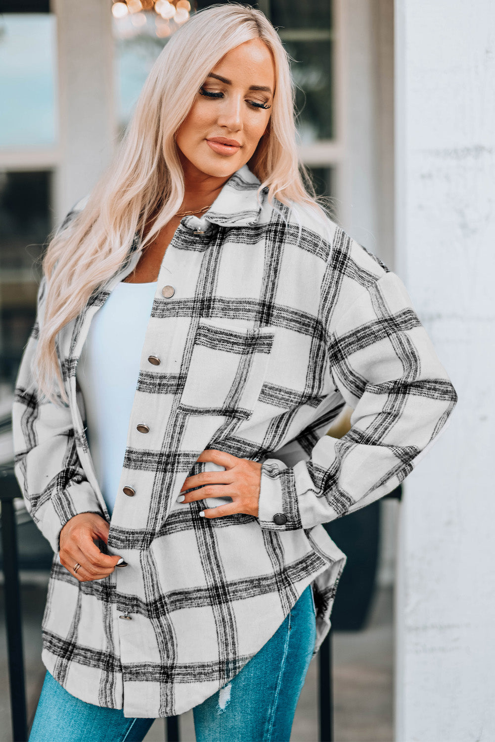 Plaid Curved Hem Dropped Shoulder Longline Shirt Shacket