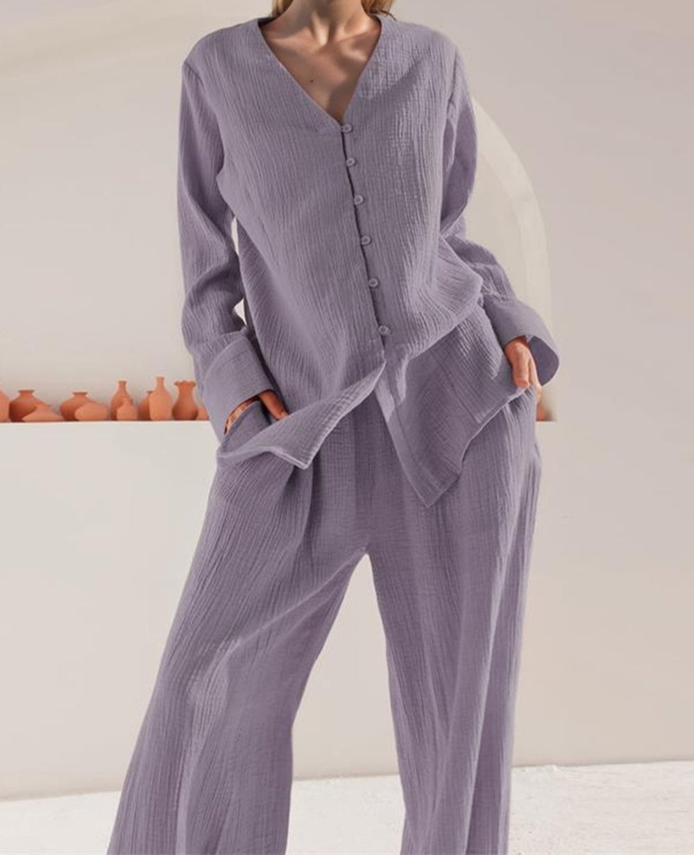 Buttery-Soft V-Neck Long Sleeve Top and Pants Set