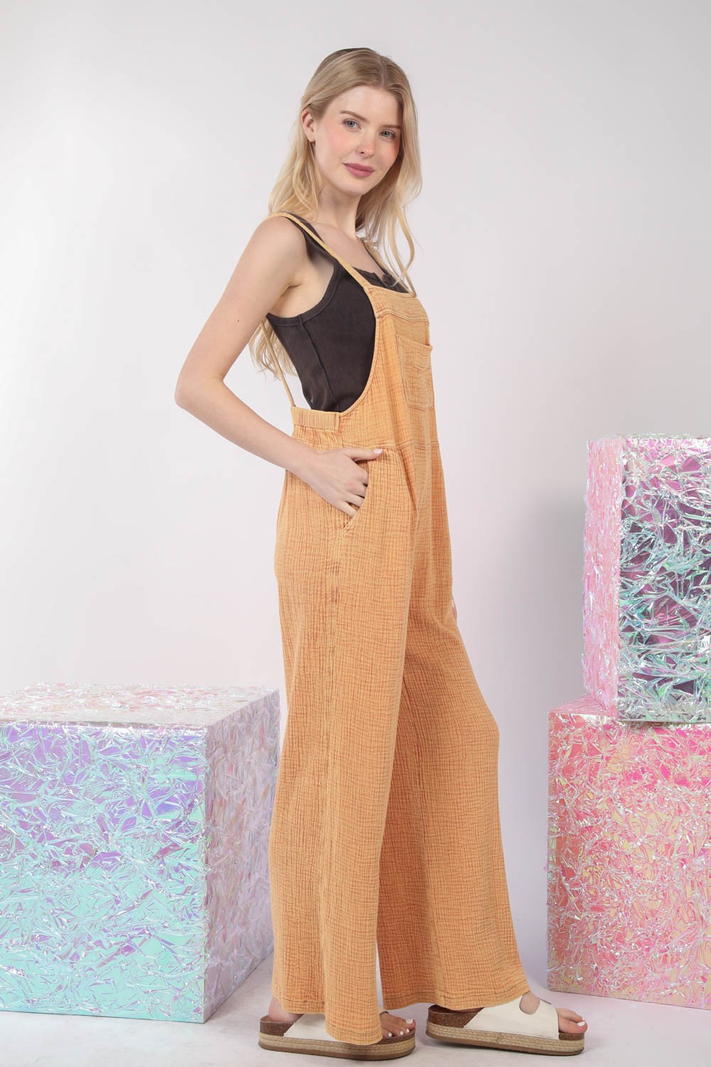 Texture Washed Wide Leg Overalls