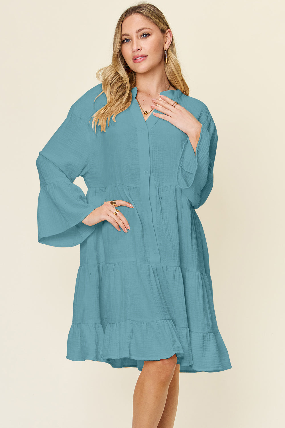 Texture Button Up Ruffle Hem Long Sleeve Dress