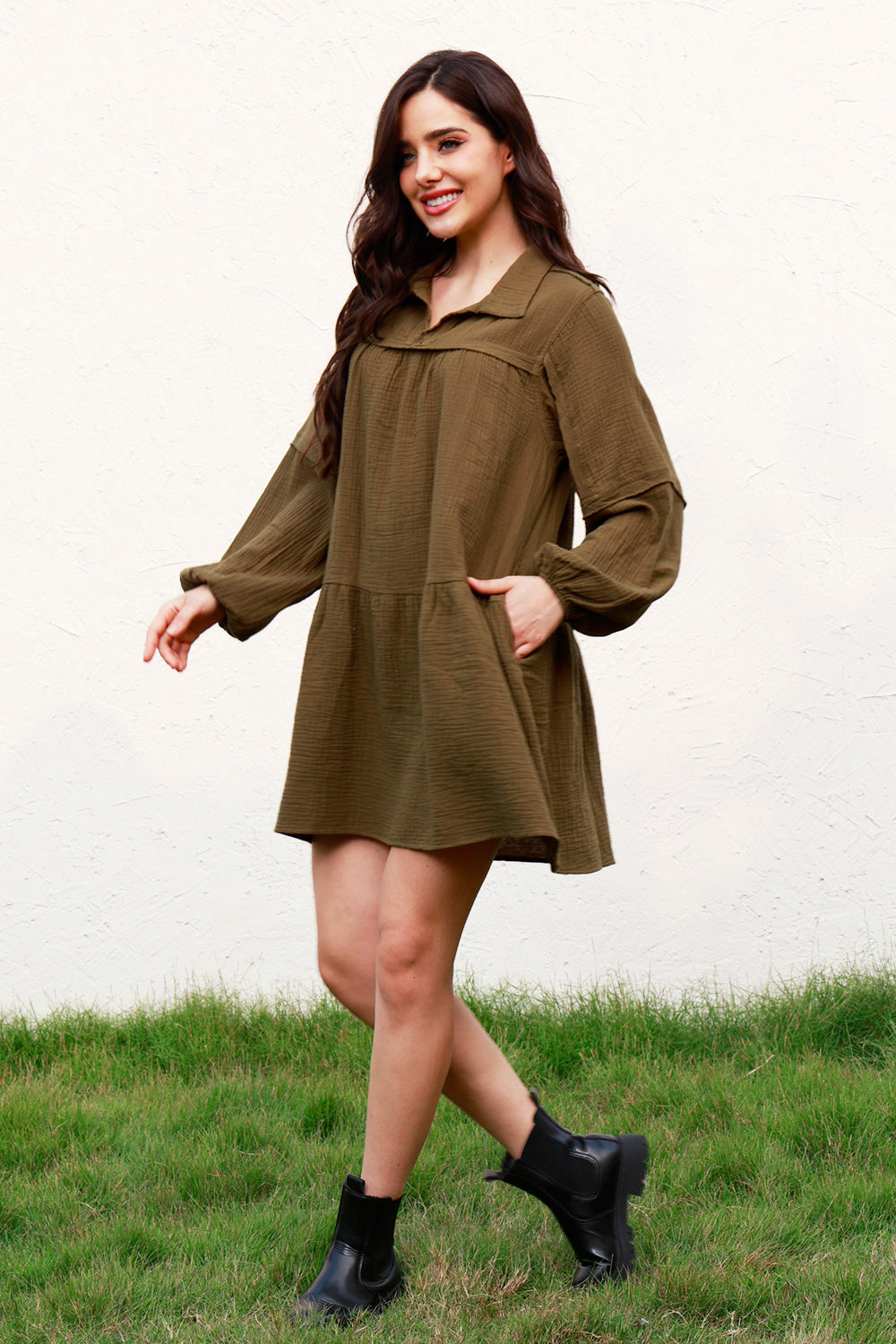 Ruffle Hem Balloon Long Sleeve Mini Dress