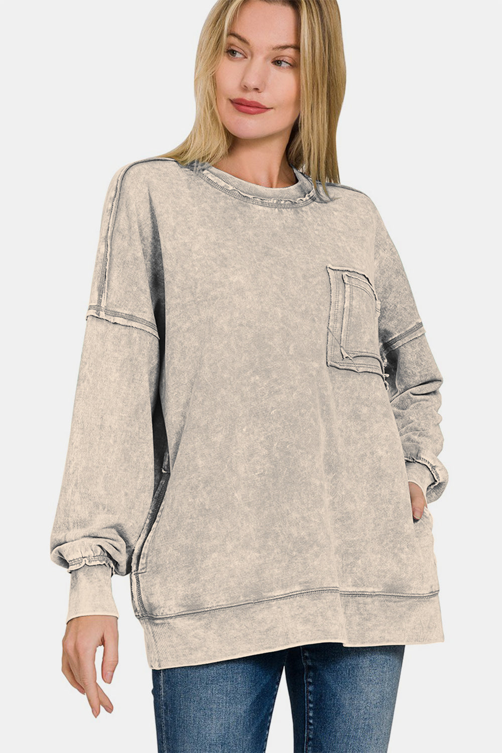 Exposed Seam Round Neck Dropped Shoulder Sweatshirt