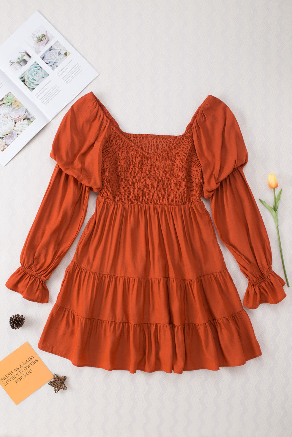 Brown Long Sleeve Off Shoulder Ruffle Mini Dress