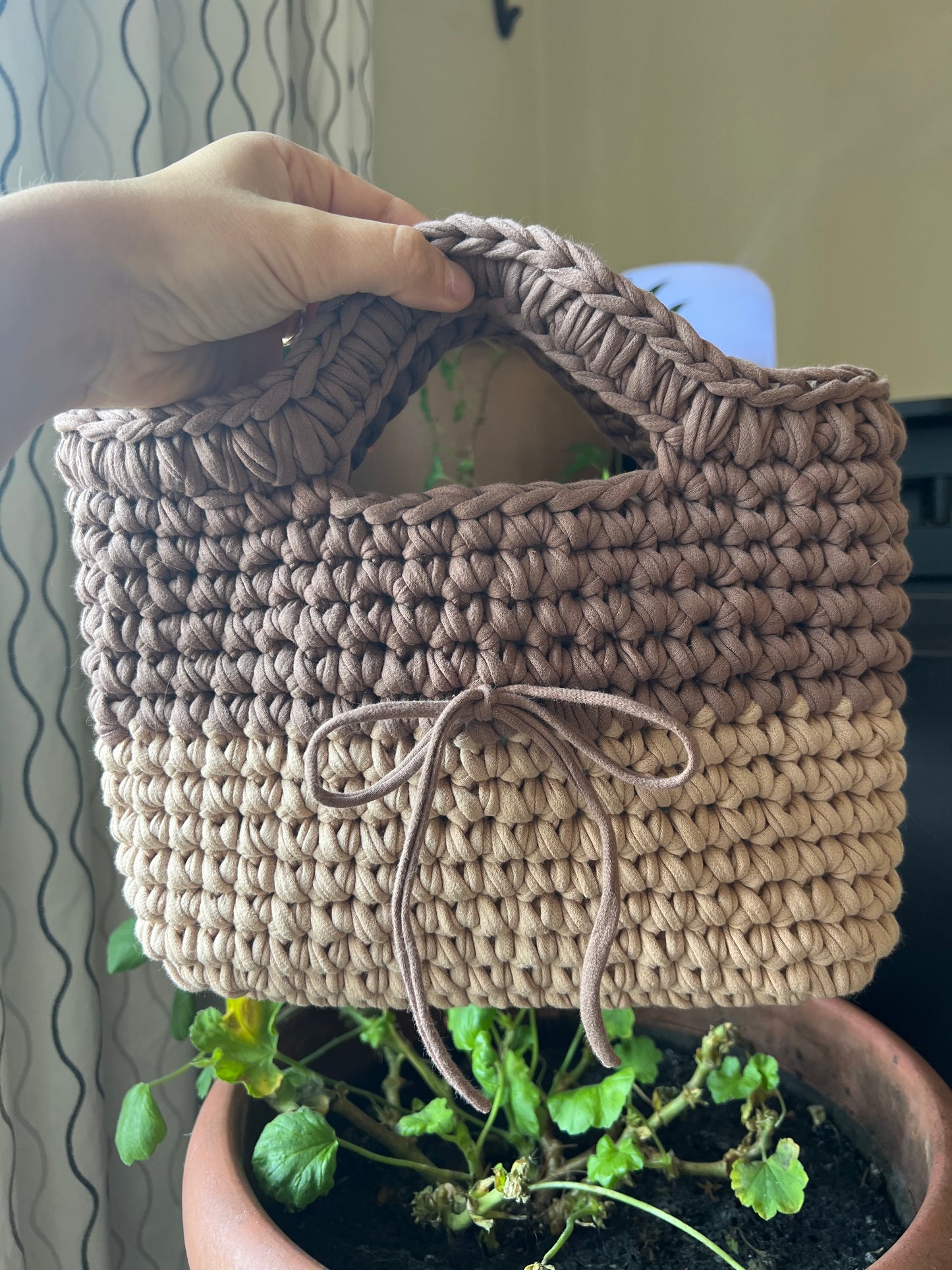 Tan and cream handmade crochet tote clutch bag with bow strap detail