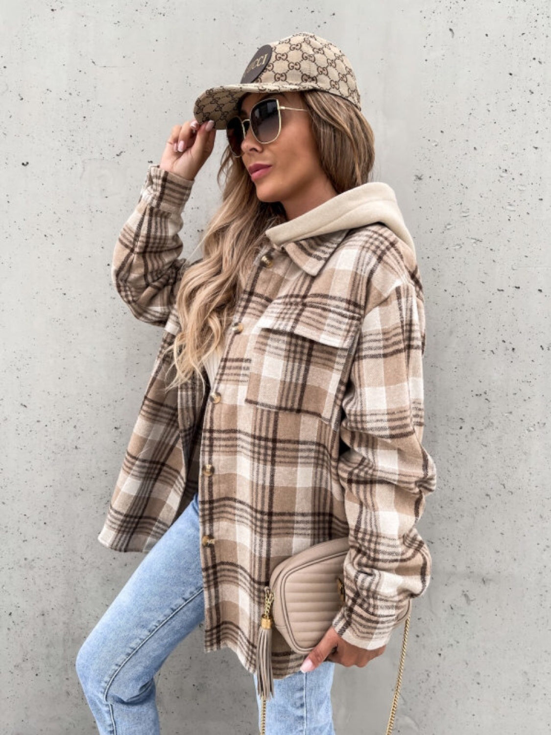 Plaid Dropped Shoulder Hooded Shacket