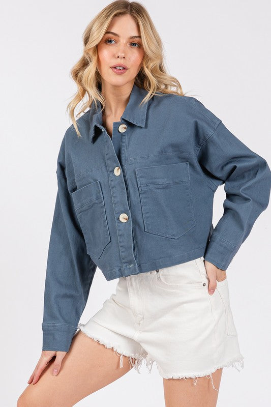 Button Down Cropped Denim Jacket with Patch Pockets