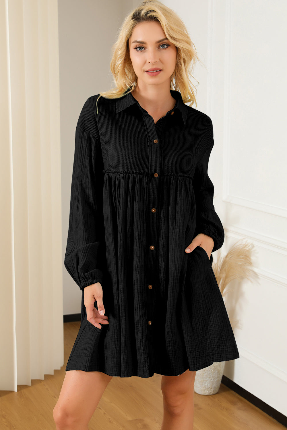 Buttoned Collared Neck Dropped Shoulder Mini Long Sleeve Dress