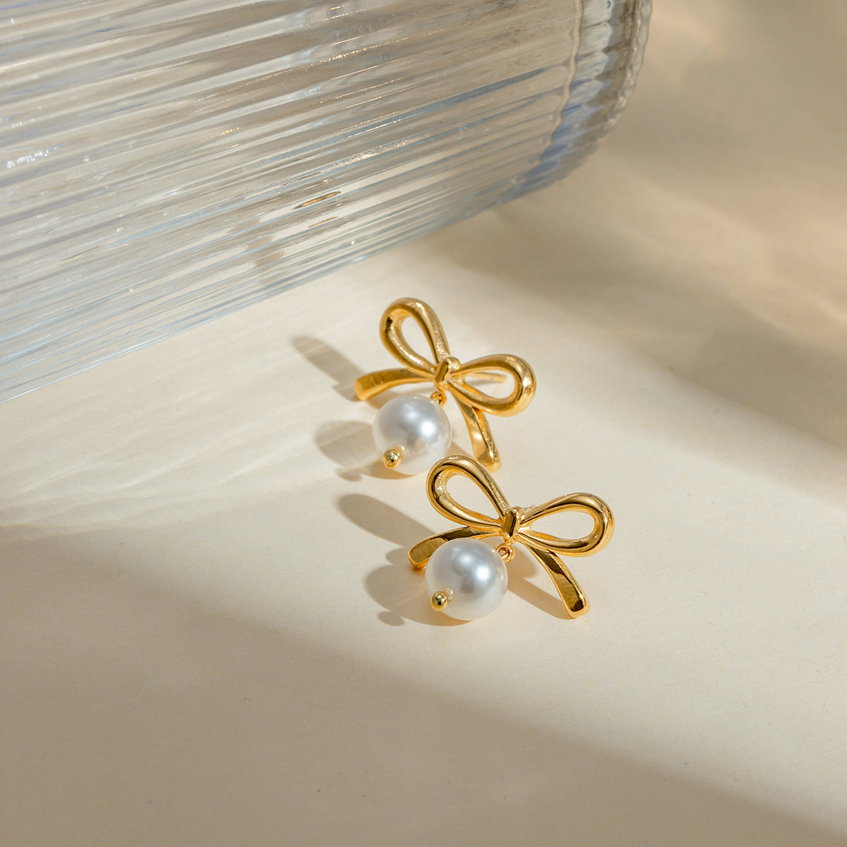 Gold-plated Stainless Steel Bow Pearl Earrings