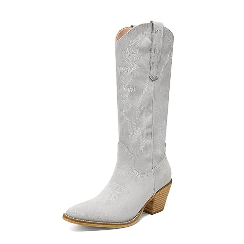 Suede Embroidered Chunky Heel Cowgirl Boots Wide Calf Western