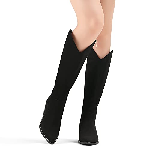 Suede and Leather Western Chunky Heel Pointed Toe Knee High Boots