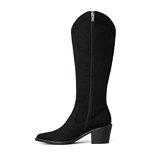 Suede and Leather Western Chunky Heel Pointed Toe Knee High Boots