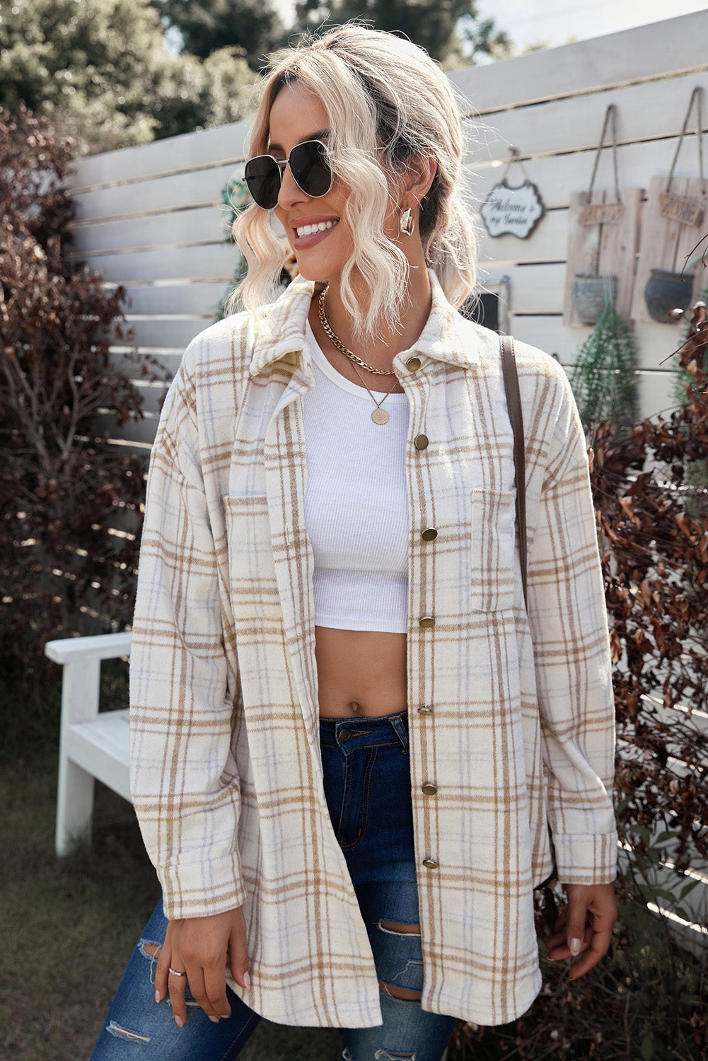 Plaid Curved Hem Dropped Shoulder Longline Shirt Shacket