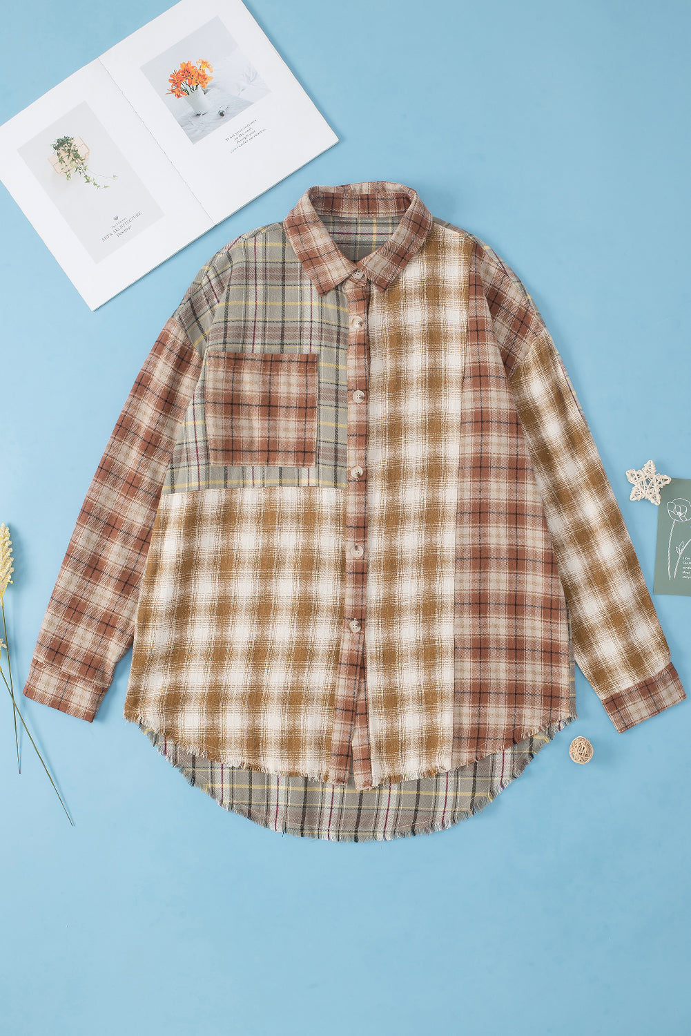 Brown Multi Plaid Patchwork Raw Edge Casual Shirt